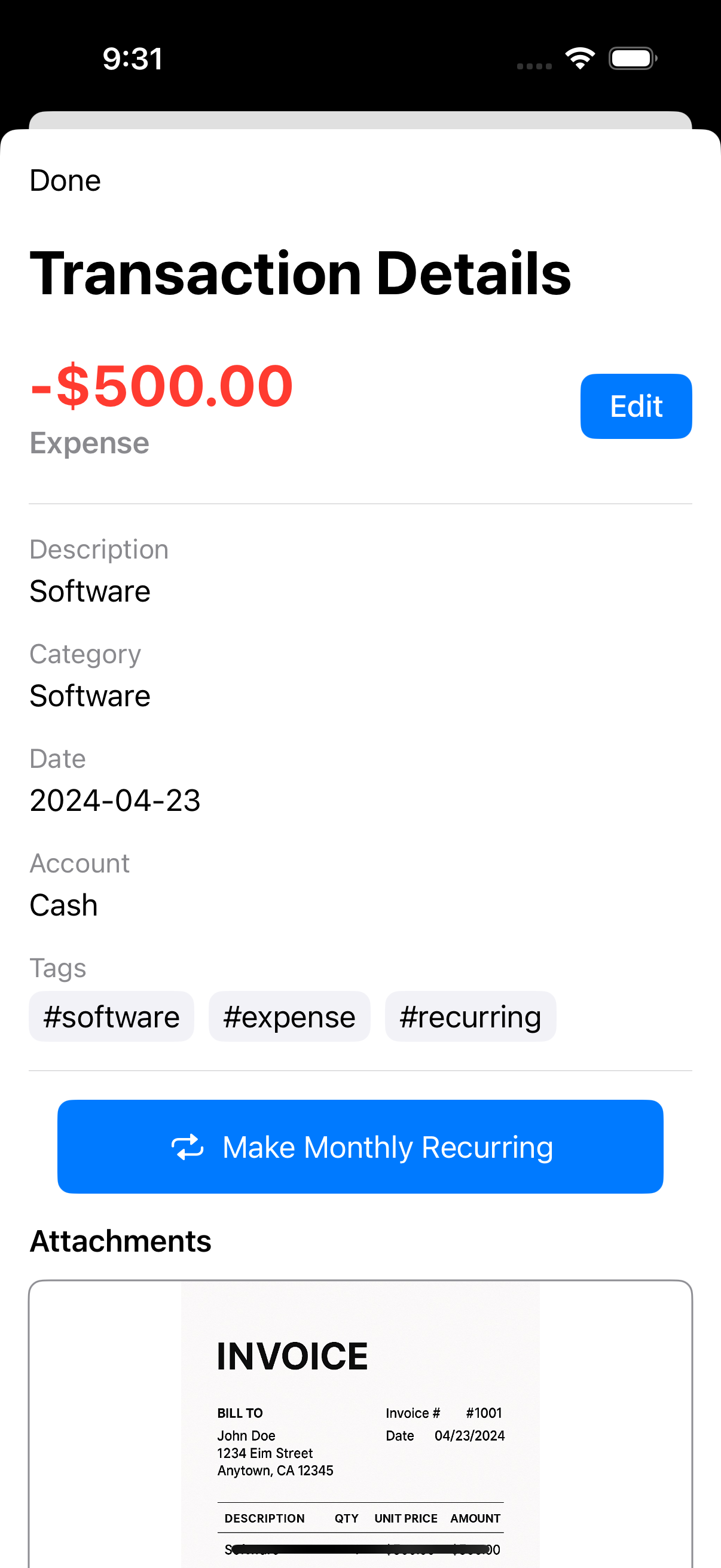 Ledgify Transaction Detail Screen