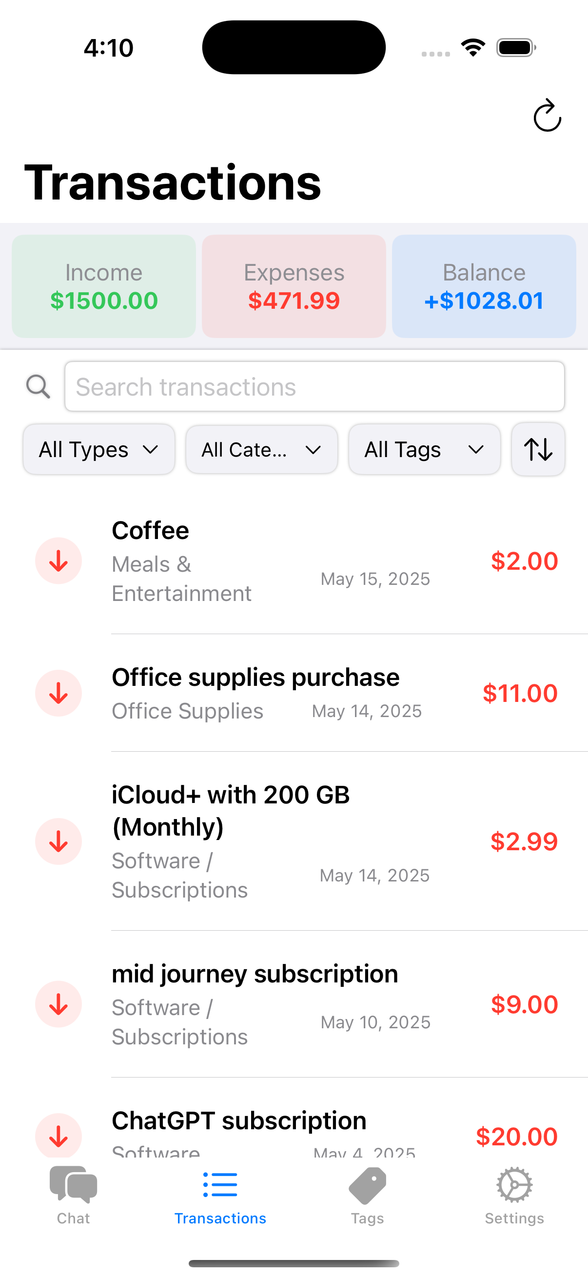 Ledgify Transactions Screen